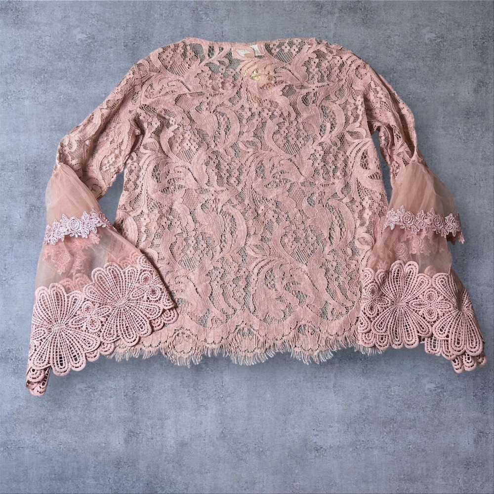Say What Top Womens M Pink Lace‎ Bell Sleeve Sheer Romantic Feminine Elegant NEW - Picture 2 of 10